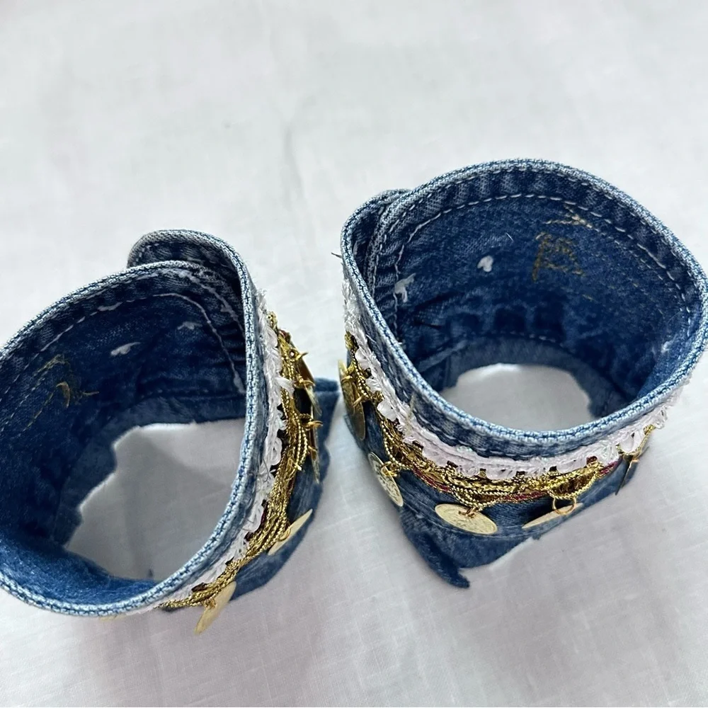 RUBYRUDI Artisan Denim Cuff Bracelet Set Shabby Chic Tattered Raw Edge Signed